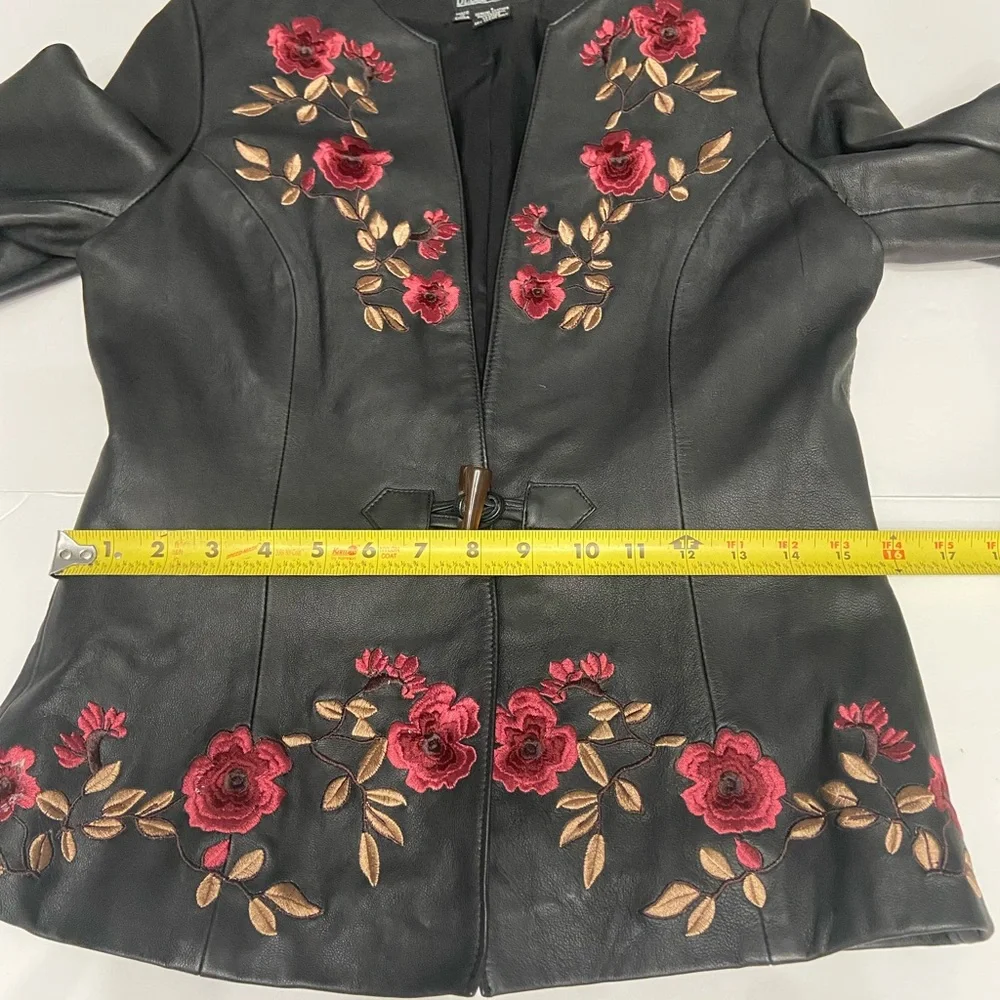 BELLE SPORT Womens Black Leather Jacket Blazer Floral Embroidery Throughout S - Picture 11 of 17